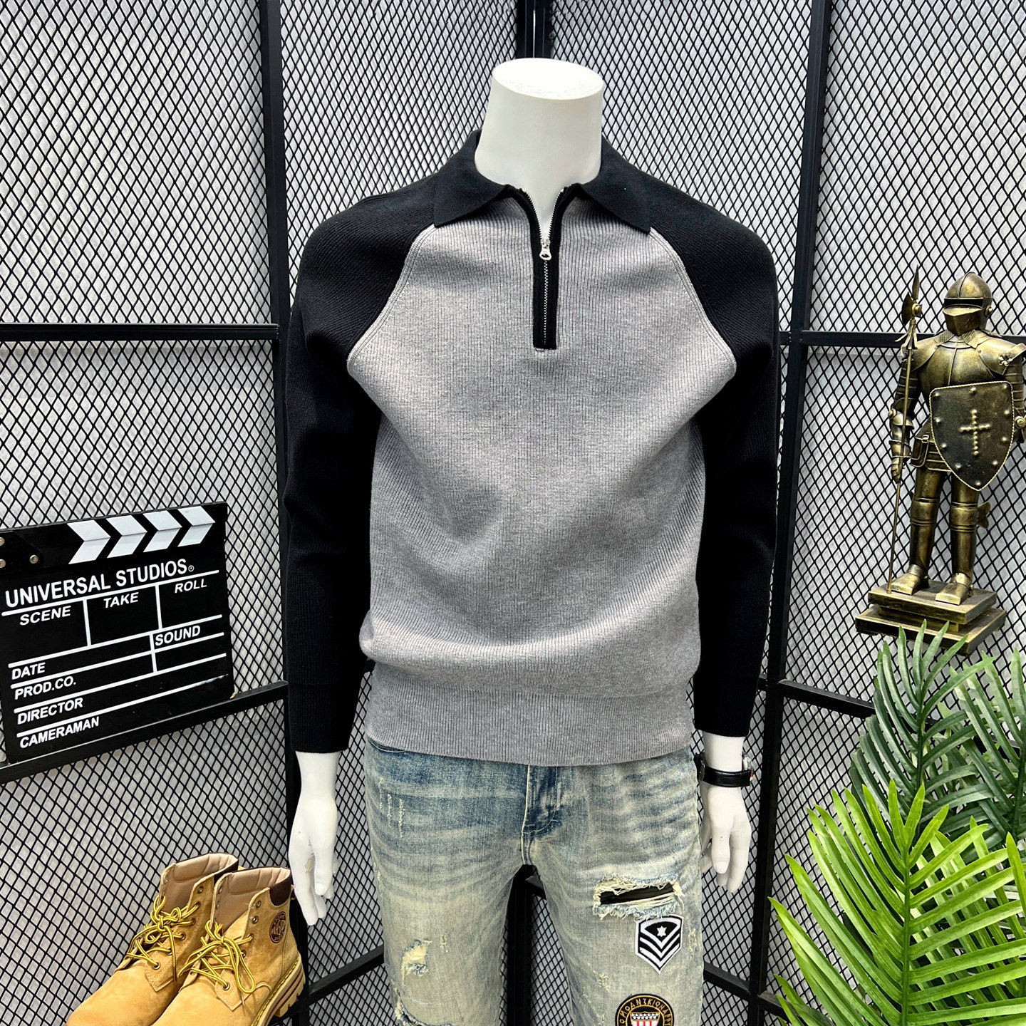 半拉链翻领毛衣男款秋冬季2025新款高端宽松拼接外穿长袖POLO衫男