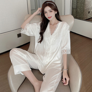 长裤 夏高级感网红蕾丝宫廷风短袖 家居服 2026年新款 真丝睡衣女夏季