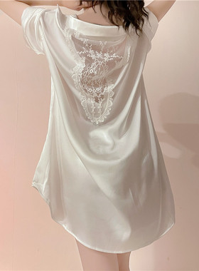 桑蚕丝衬衫睡裙女薄款春夏季短袖衬衣裙镂空真丝睡衣女性感家居服