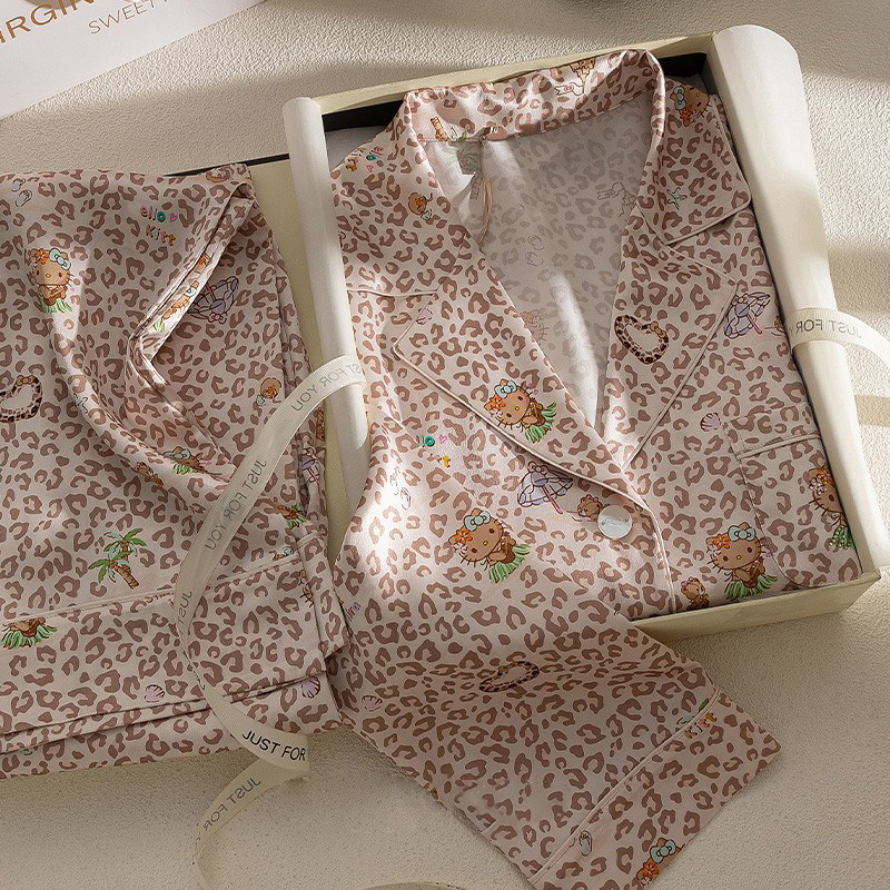 桑蚕丝kitty卡通豹纹睡衣女真丝送闺蜜礼盒春秋长袖高级感家居服