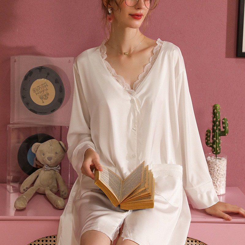 真丝睡衣女2026年新款秋夏季纯欲蕾丝性感衬衫高级感睡裙家居服薄