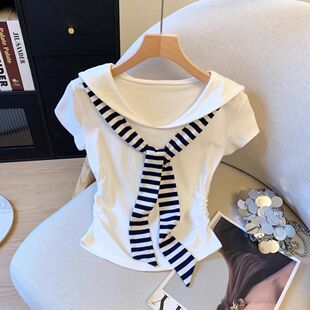 设计感假两件拼接收腰显瘦上衣 新款 海军领条纹披肩短袖 t恤女夏季