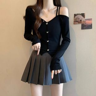 miu系长袖 春装 紧身短款 甜辣chic一字肩露肩t恤小衫 上衣 女2025新款