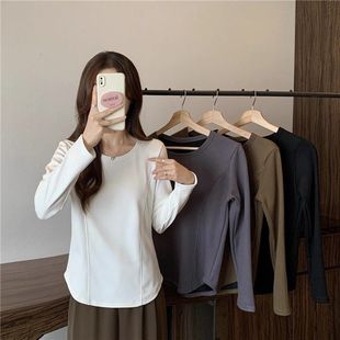 胖MM显瘦遮肚设计感打底上衣 大码 休闲纯色长袖 t恤女2025新款 秋季