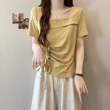 设计感抽绳正肩短袖女t恤夏大码胖mm显瘦遮肚子小众方领短款上衣