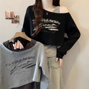 大码 卫衣女胖mm显瘦露肩上衣 宽松休闲气质字母印花假两件T恤长袖