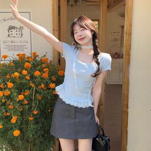 T恤女夏季 甜美风蕾丝花边短袖 气质绝美chic显瘦内搭上衣