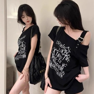 美式 设计感小众露肩甜酷宽松显瘦上衣 港风辣妹斜肩短袖 t恤女夏季