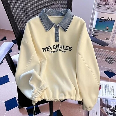 牛仔polo领卫衣女秋冬加绒加厚2025新款oversize宽松慵懒无帽上衣