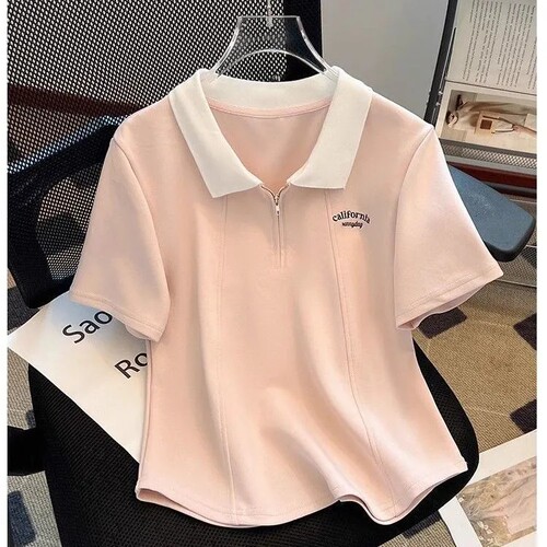 撞色翻领半拉链Polo衫2025年夏季字母刺绣短袖正肩t恤女短款上衣