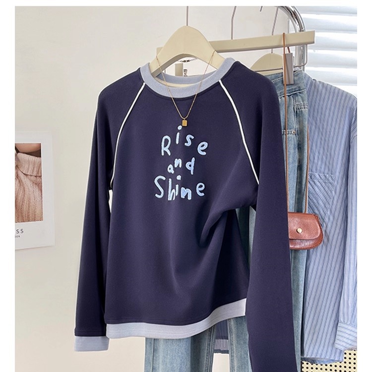 双面加绒撞色圆领长袖T恤女时尚百搭气质显瘦上衣厚款打底衫秋冬