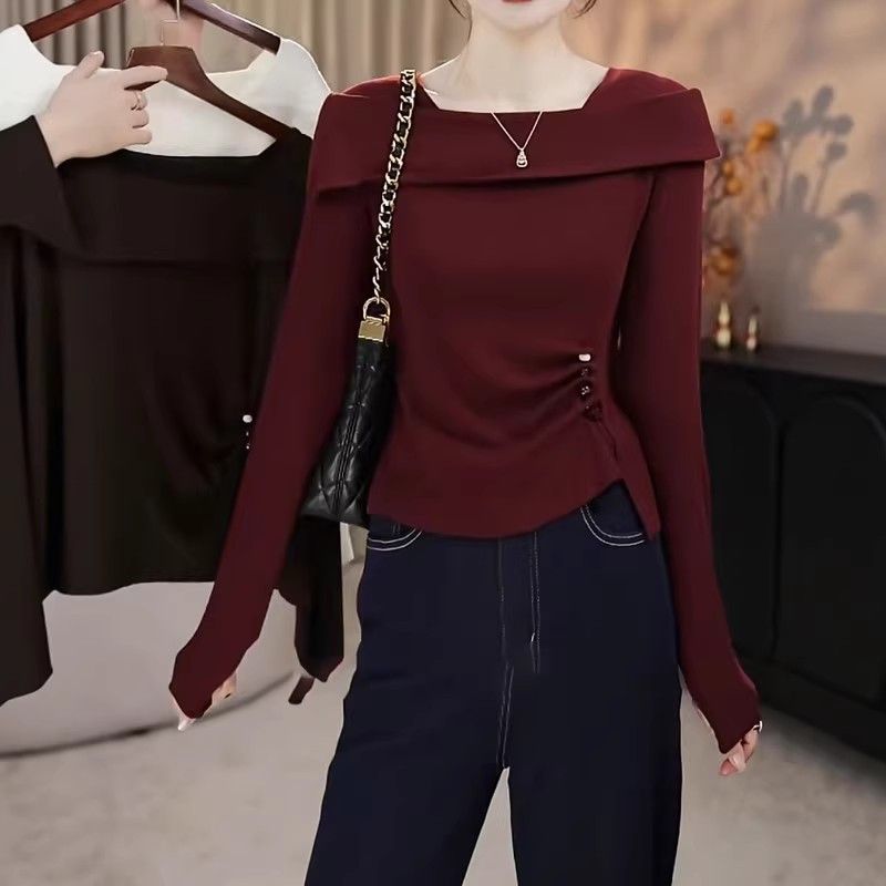 大码女装气质棉质长袖T恤秋冬胖MM设计感褶皱收腰显瘦打底衫上衣