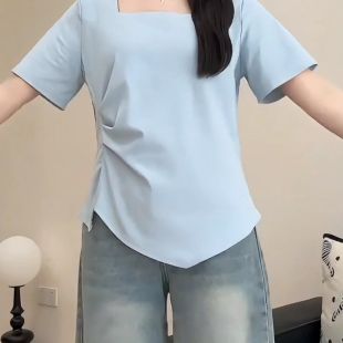 不规则褶皱方领上衣女装 大码 新款 胖mm遮肚子显瘦正肩短袖 T恤夏季