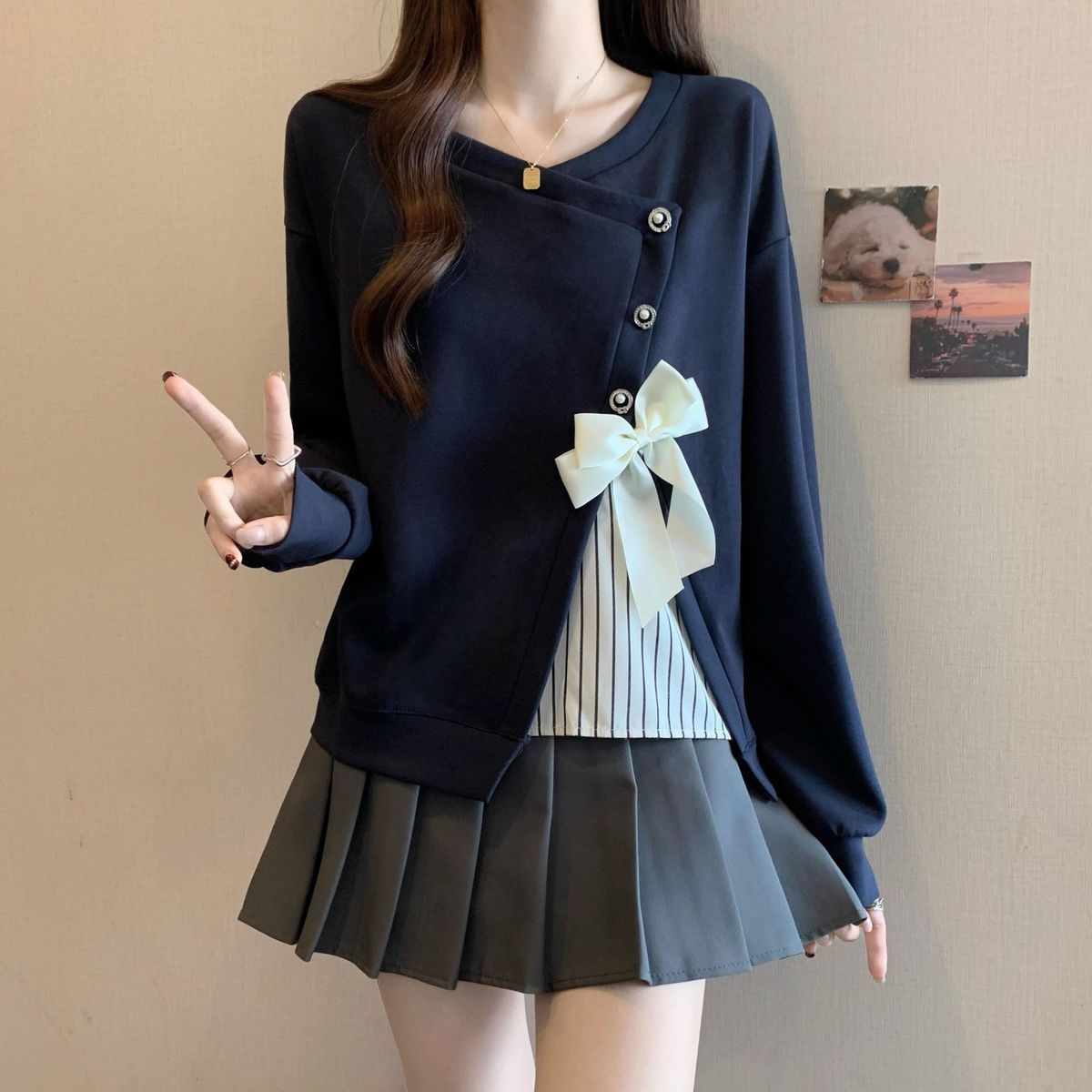 不规则假两件拼接卫衣女春秋2025大码胖mm蝴蝶结上衣洋气欧货小衫