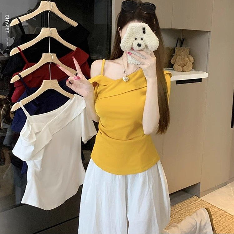 不规则一字肩露肩短袖女t恤夏大码胖mm显瘦收腰弧形下摆短款上衣