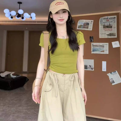 上衣女夏短袖女t恤2025新款爆款特别漂亮的掐腰上衣正肩女t恤夏天