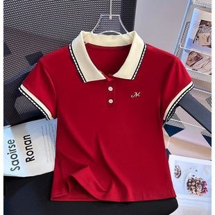 显瘦体恤短款 正肩棉质撞色polo领短袖 翻领修身 t恤女夏季 上衣 小衫