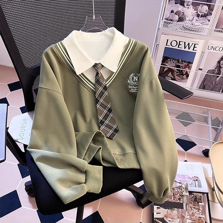 假两件卫衣少女春秋2026新款初中高中学生刺绣Polo领薄款长袖T恤图片