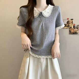 蕾丝拼接娃娃领短袖t恤女夏季大码胖mm显瘦法式短款上衣打底小衫