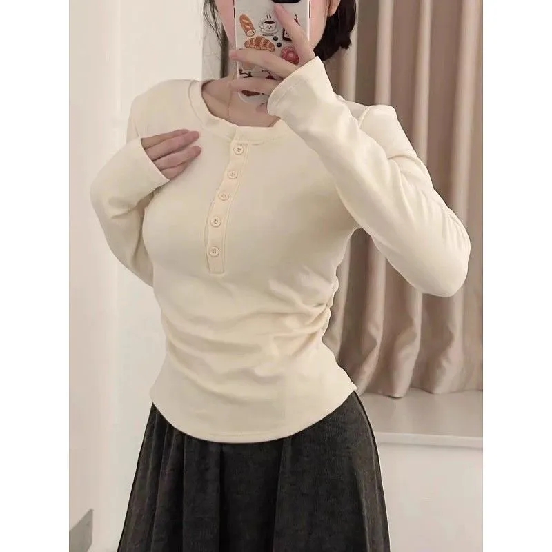 大码胖mm秋冬新款极简风白色长袖T恤女装立领显瘦百搭打底衫上衣