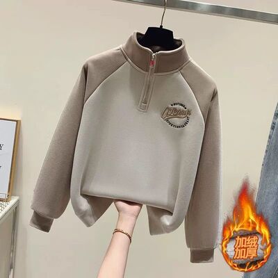 半高领插肩袖加绒卫衣女冬季加厚外套韩系慵懒风内搭套头无帽上衣