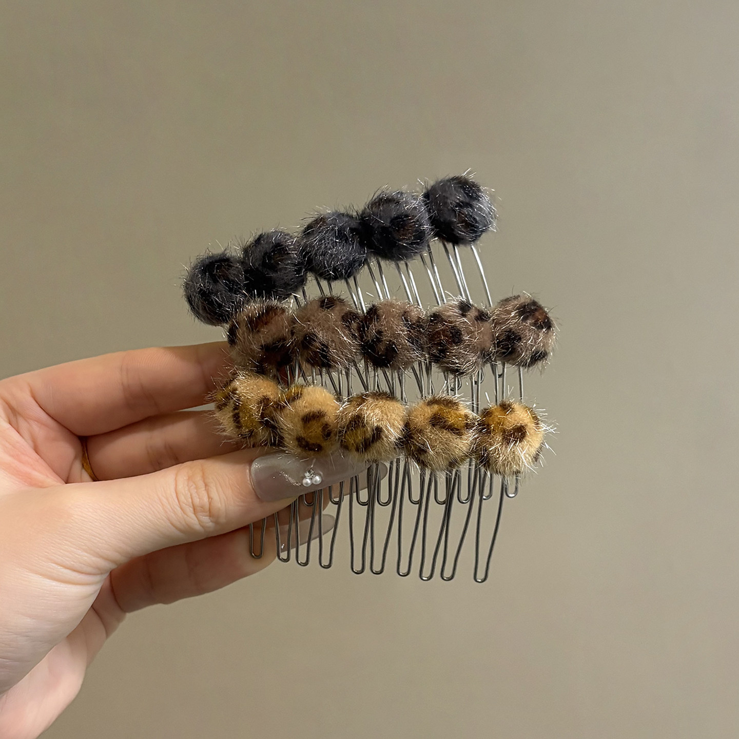 豹纹毛毛球刘海梳发卡子发梳一字夹顶夹碎发夹子头饰插梳卡梳防滑