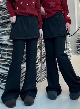 图作0093冬季新款 图作高腰显瘦微喇裤屁帘拼接休闲加绒喇叭裤