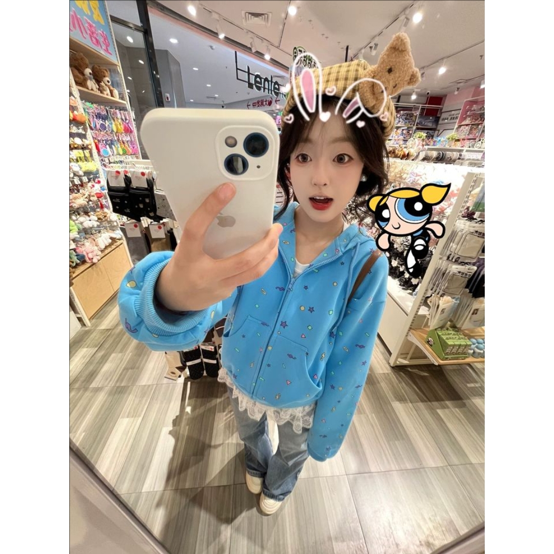 美式复古蓝色连帽卫衣女开衫外套