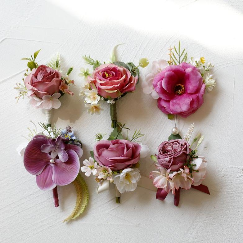 玫红色仿真玫瑰森系韩式婚礼新娘伴娘手腕花新郎伴郎会议开业胸花