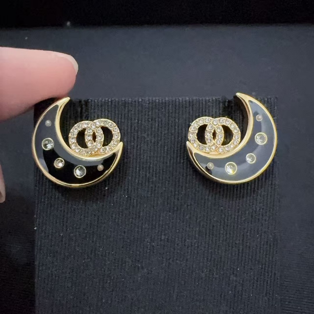 嘉迪璐25K黑色珐琅月亮五角星星耳环女 流苏豆豆圆形字母耳钉耳饰