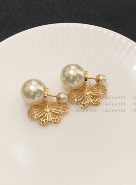 DINRO25新款镂空蝴蝶大小珍珠耳环女高级感吊坠耳钉耳饰银针