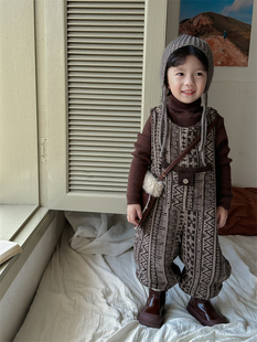 暮晨家新款冬装24男童加绒宽松背带裤中小童森系加厚休闲裤阔腿裤