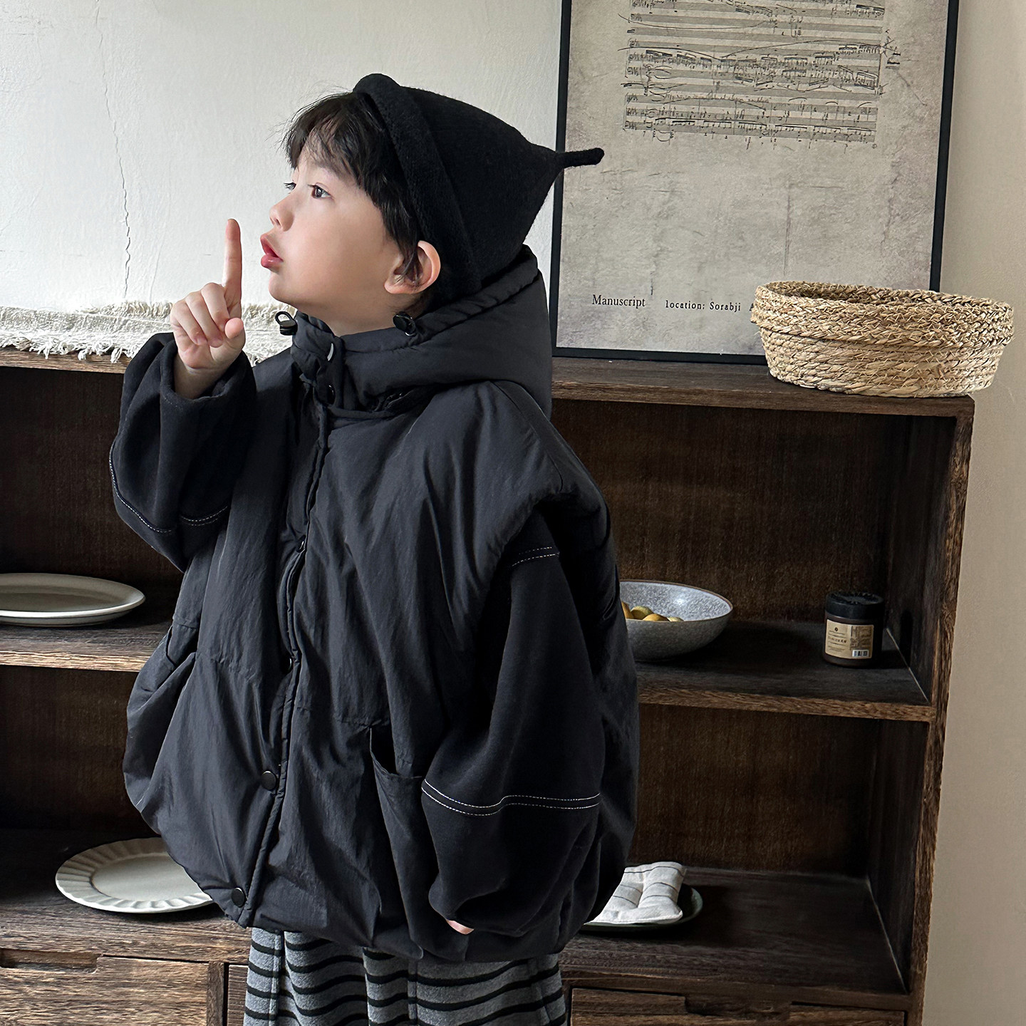 暮晨家新款冬装2026男童净色连帽夹棉马甲中小童加绒背心棉衣外套