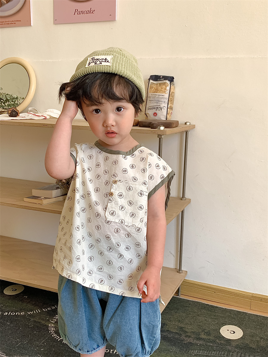 暮晨家新款夏装2023男童棉麻花背心无袖宝宝森系洋气宽松短袖上衣