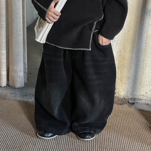 暮晨家新款冬装2025男童一体绒牛仔裤中小童加厚磨白做旧阔腿长裤