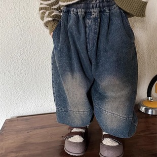 暮晨家新款冬装2024男童加绒做旧牛仔裤儿童宝宝加厚束脚裤灯笼裤