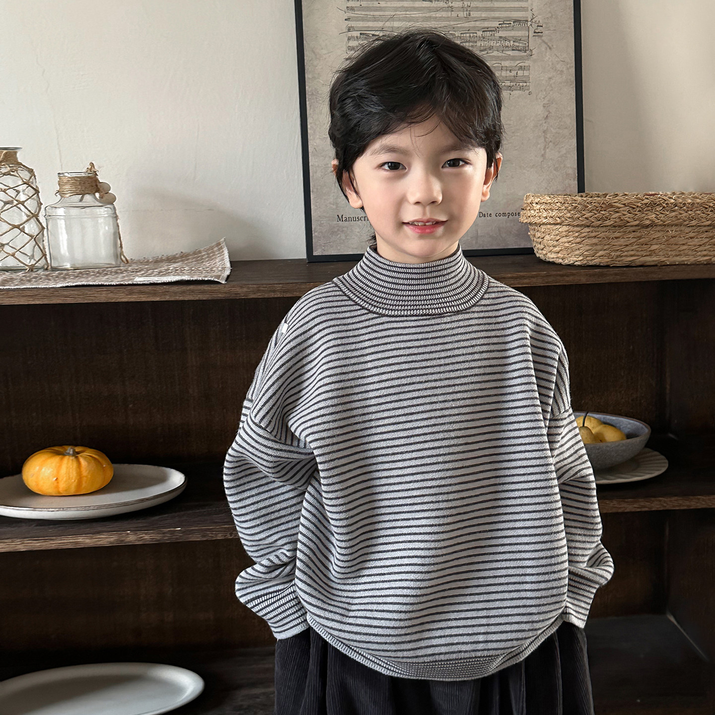 暮晨家新款冬装2025男童一体绒高领毛衣中小童加厚保暖内搭上衣