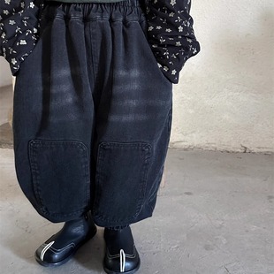 暮晨家新款冬装2024男童加绒补丁牛仔裤儿童加厚乞丐裤灯笼裤长裤