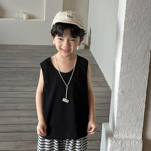 暮晨家新款夏装2026男童净色无袖T恤衫中小童简约百搭背心上衣薄