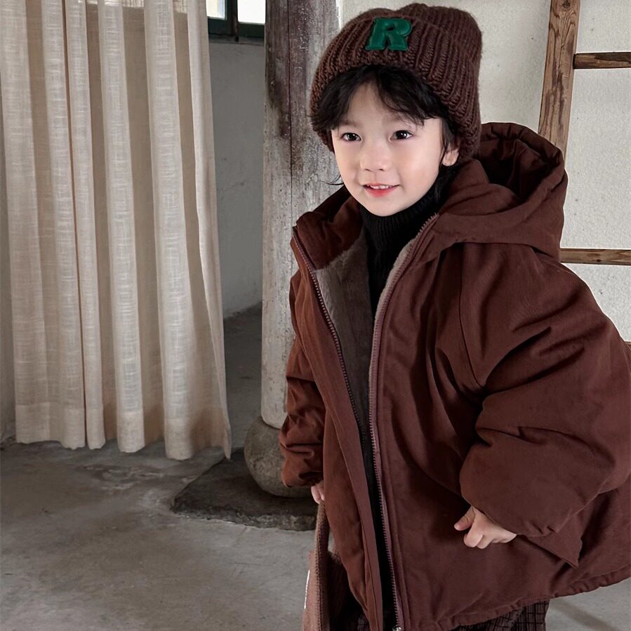加绒加厚冬季连帽纯色男童派克服
