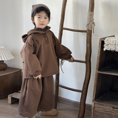 暮晨家新款冬装2025男童一体绒连帽卫衣中小童加厚长裤两件套装