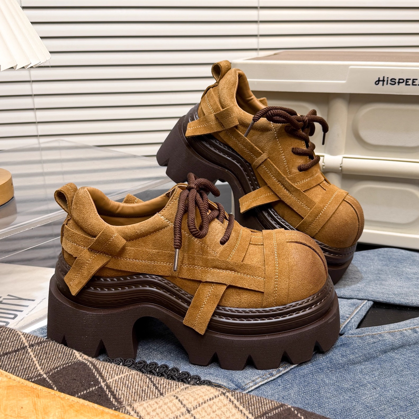 日本OFFCAT7cm磨砂牛皮厚底小皮鞋女2026款增高系带深口乐福鞋潮