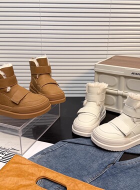 日本OFFCAT真皮白色魔术贴厚底雪地靴女2025冬季加绒短靴防水棉靴