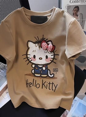 日本offcat联名酷辣KT猫T恤女夏2025新款微胖正肩修身显瘦上衣