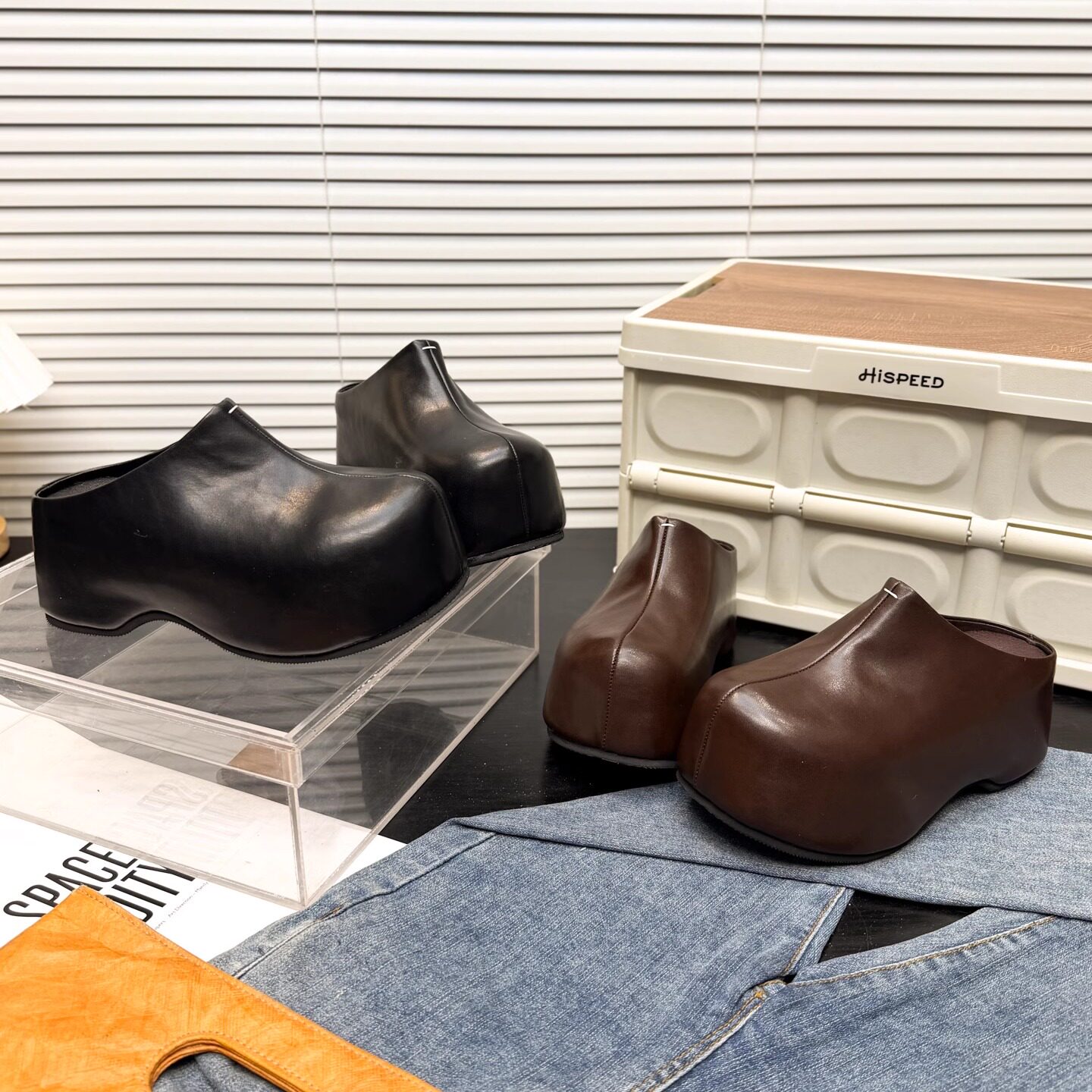 日本OFFCAT7cm真皮厚底增高包头半拖鞋女2025秋冬新款大头勃肯鞋