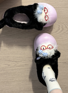 日本OFFCAT拼色卡通毛毛棉鞋女2025冬季厚底防滑包头懒人鞋舒适外