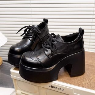 乐福鞋 日本OFFCAT9cm真皮大头系带厚底粗跟小皮鞋 女超高跟德比鞋