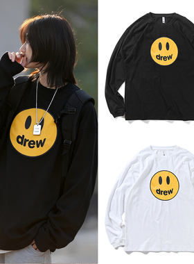 Drew比伯同款笑脸印花字母宽松打底衫纯棉男女情侣长袖T恤上衣潮