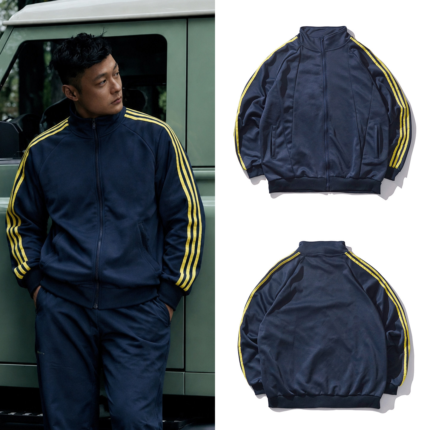 余文乐同款卫衣美式三条杠撞色立领拉链外套春秋情侣条纹运动上衣