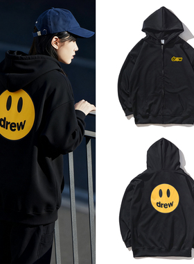Drew比伯同款笑脸印花宽松连帽卫衣秋冬情侣休闲纯棉薄款拉链外套